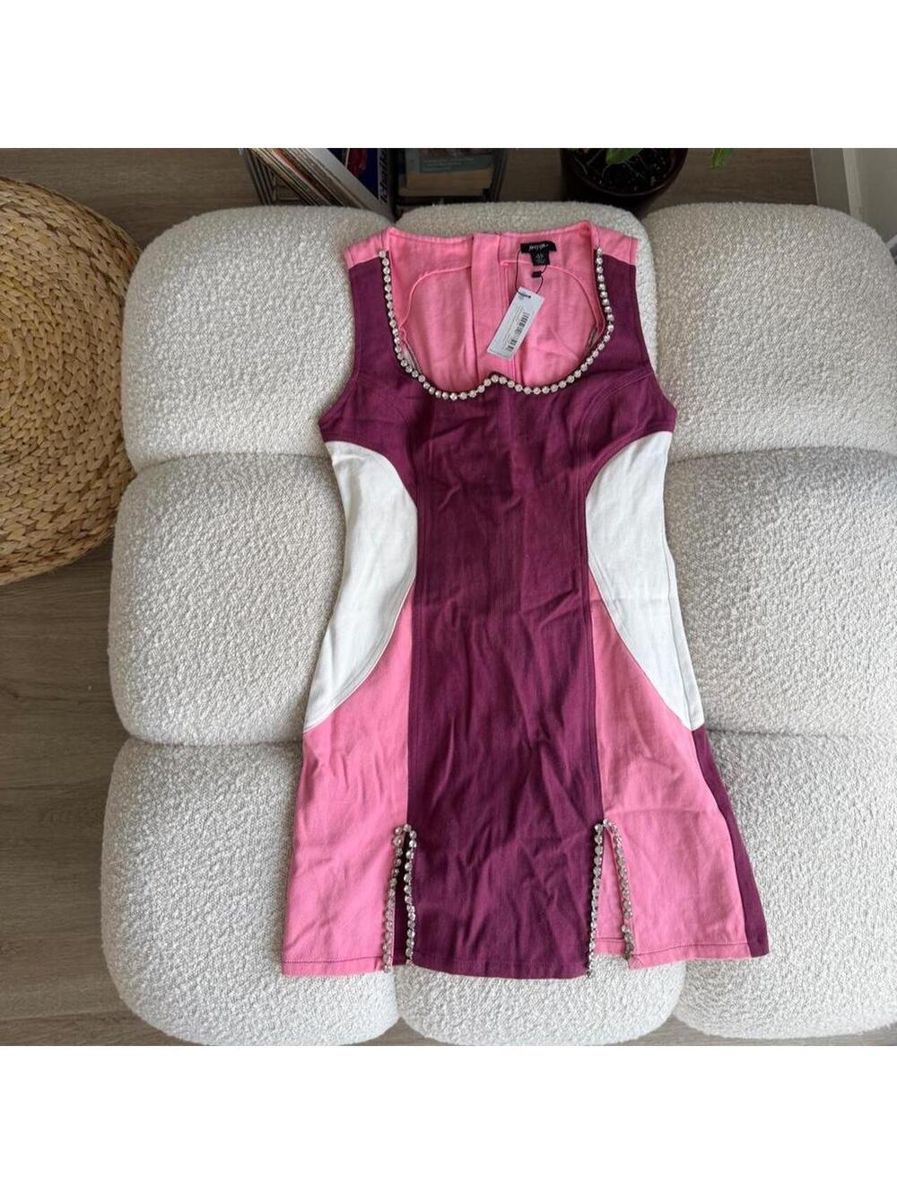 Nasty Gal Pink & Plum Colorblock Mini Dress with Pearl Trim